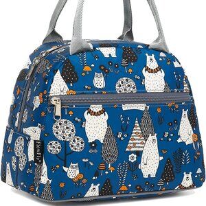 Lunch Bag Tote Organizer Holder Insulated Cooler, Blue Nature Owls Bears - NWOT